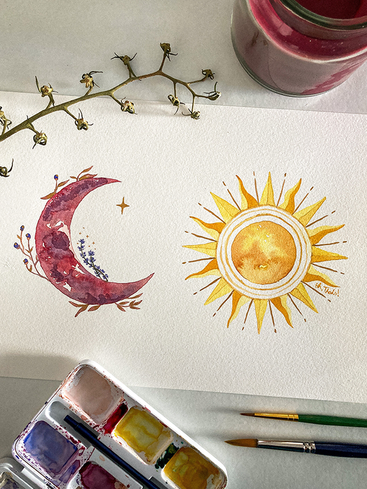 moon and sun watercolor